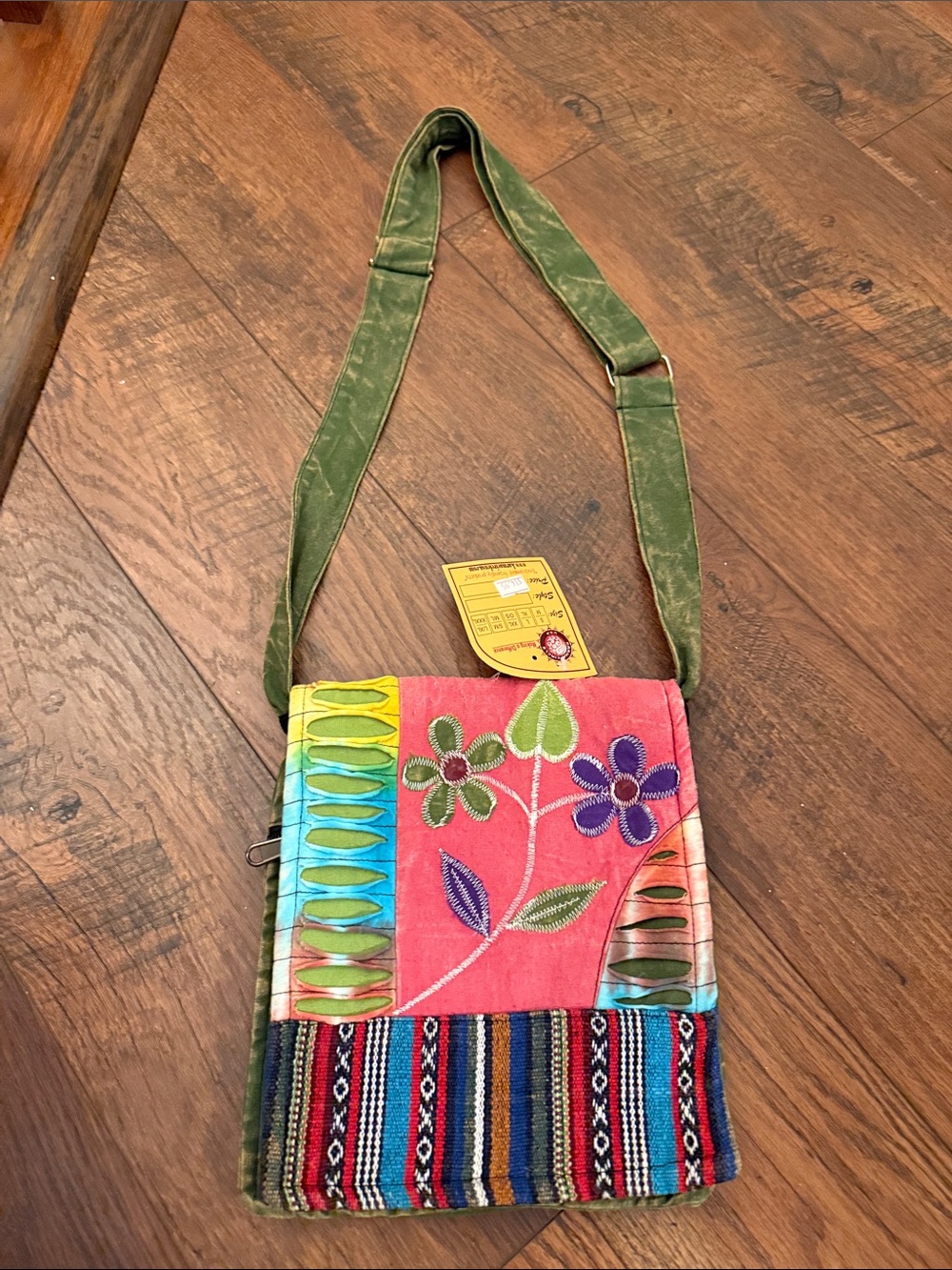 Colorful Embroidered Floral Crossbody Bag - Green Strap